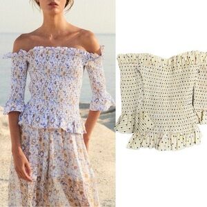 Caroline Constas NWOT Calida Cotton Yellow Black Striped Shoulders Off Blouse XS